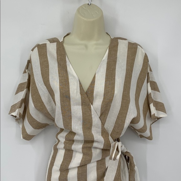 Faherty Willow wrap dress stripe tan cream linen Dolman sleeve new XS - Picture 3 of 5